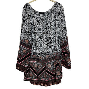 Socialite Womens Tunic XL Black White Multicolor Floral Long Sleeve Ties at Neck